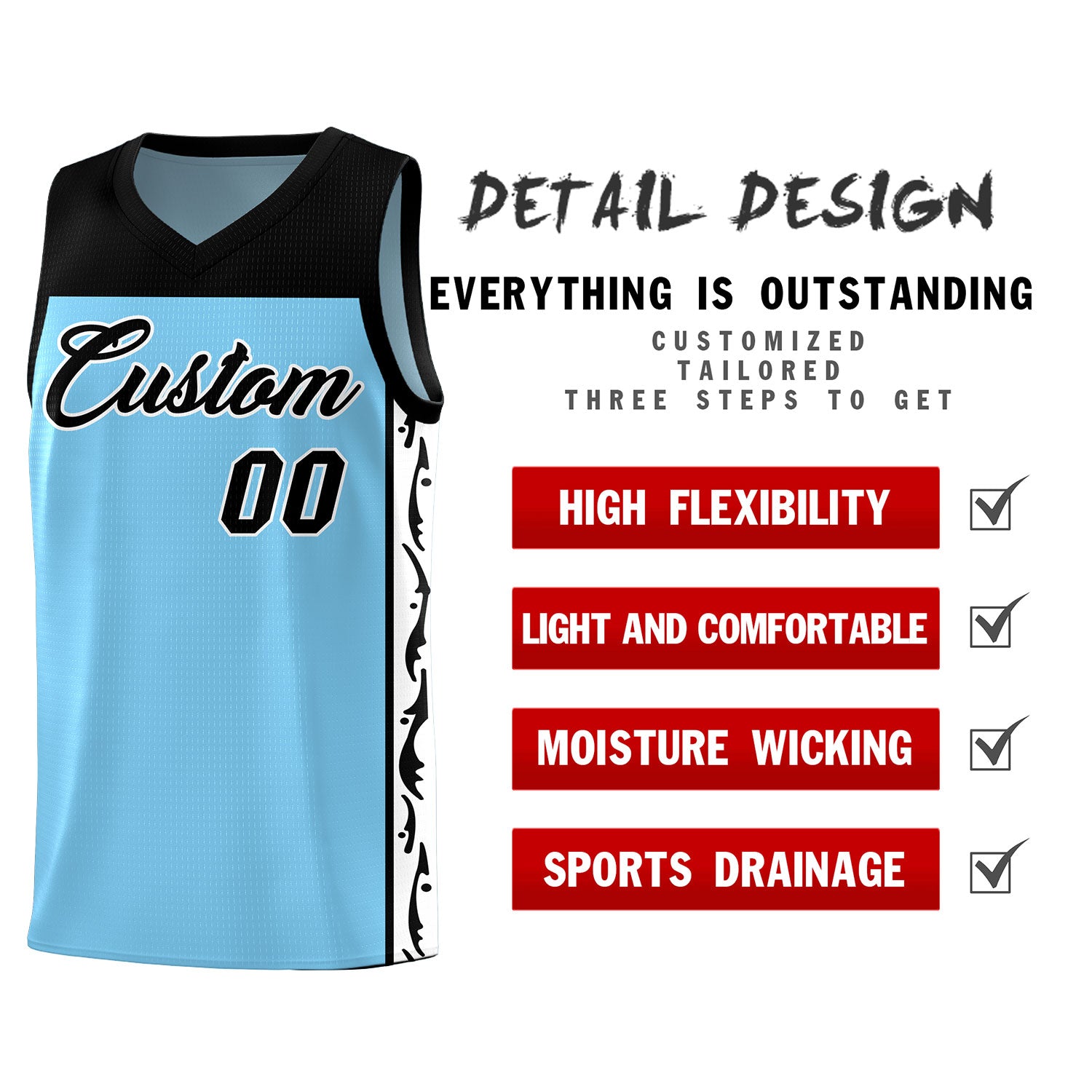Custom Light Blue Side Pattern Sports Uniform Basketball Jersey