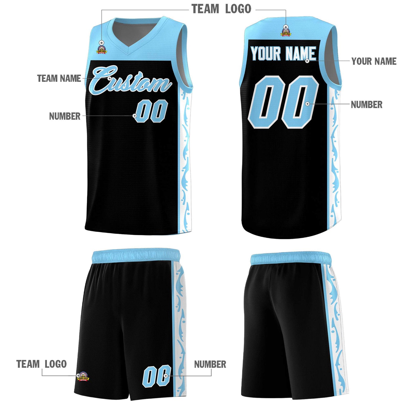 Custom Black Side Pattern Sports Uniform Basketball Jersey