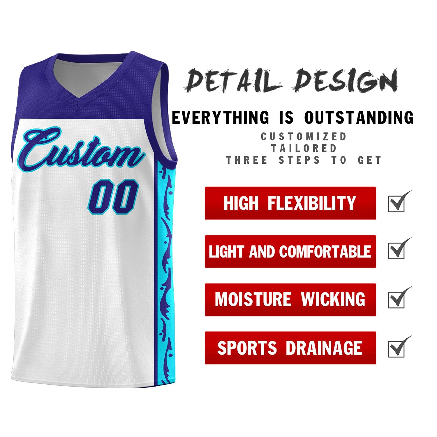 Custom White Side Pattern Sports Uniform Basketball Jersey