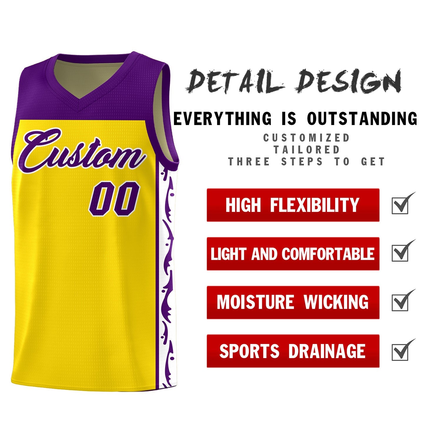 Custom Gold Side Pattern Sports Uniform Basketball Jersey