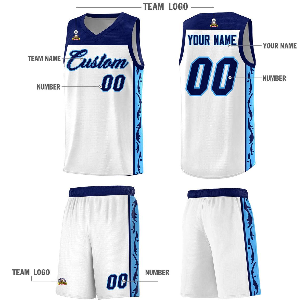 Custom White Side Pattern Sports Uniform Basketball Jersey