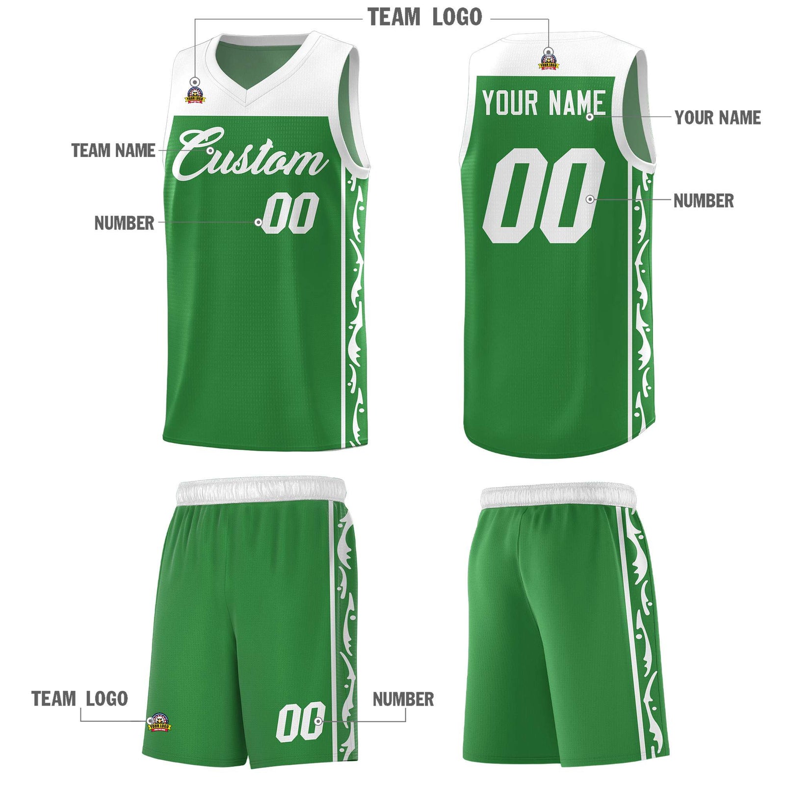 Custom Kelly Green Side Pattern Sports Uniform Basketball Jersey