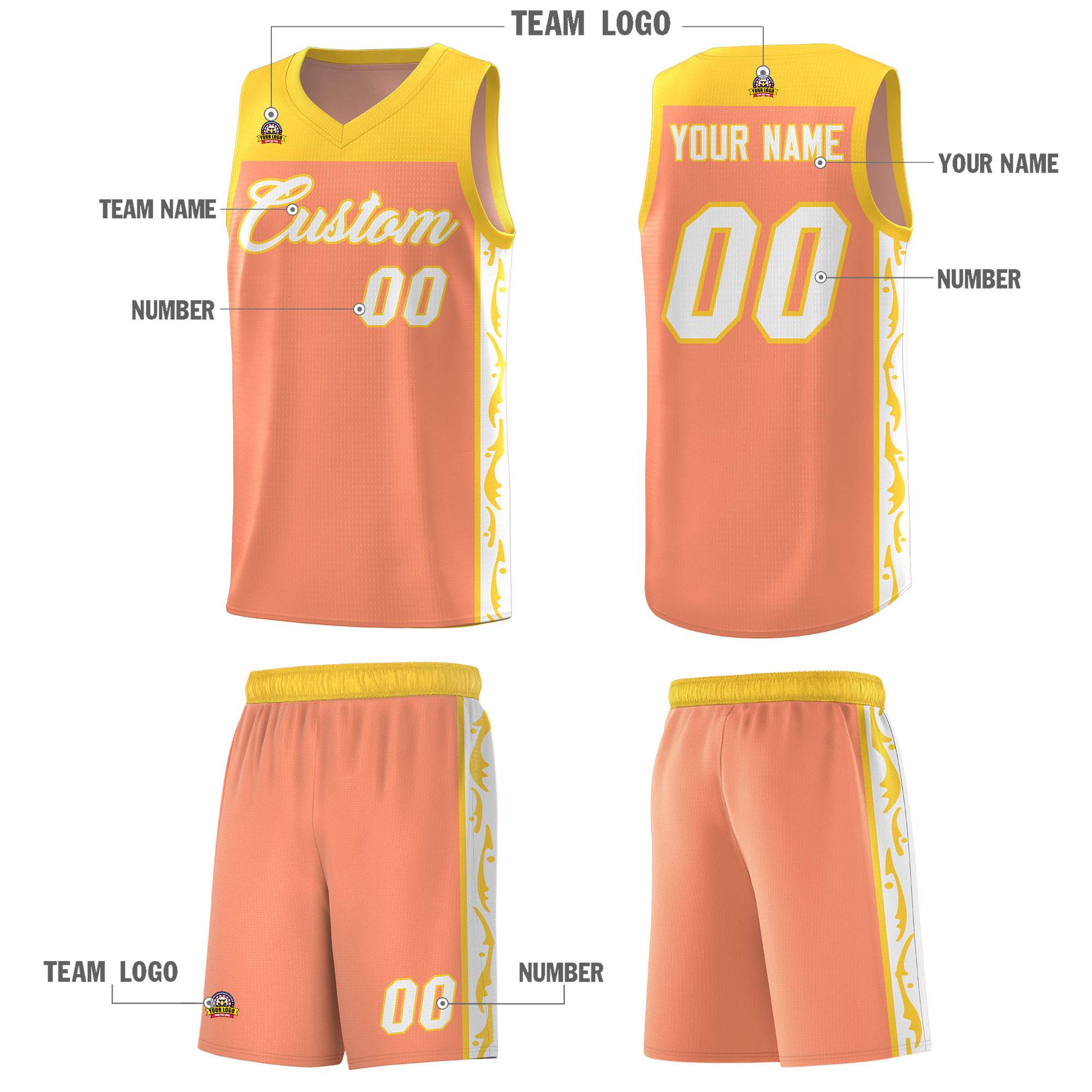 Custom Gold Orange Side Pattern Sports Uniform Basketball Jersey