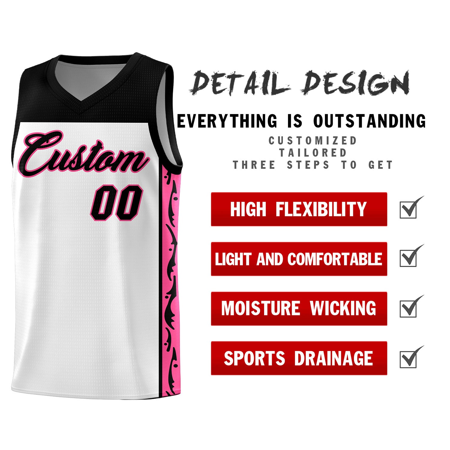 Custom White Side Pattern Sports Uniform Basketball Jersey