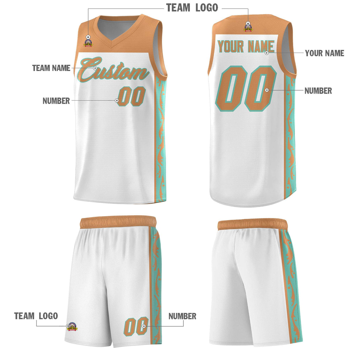Custom White Side Pattern Sports Uniform Basketball Jersey