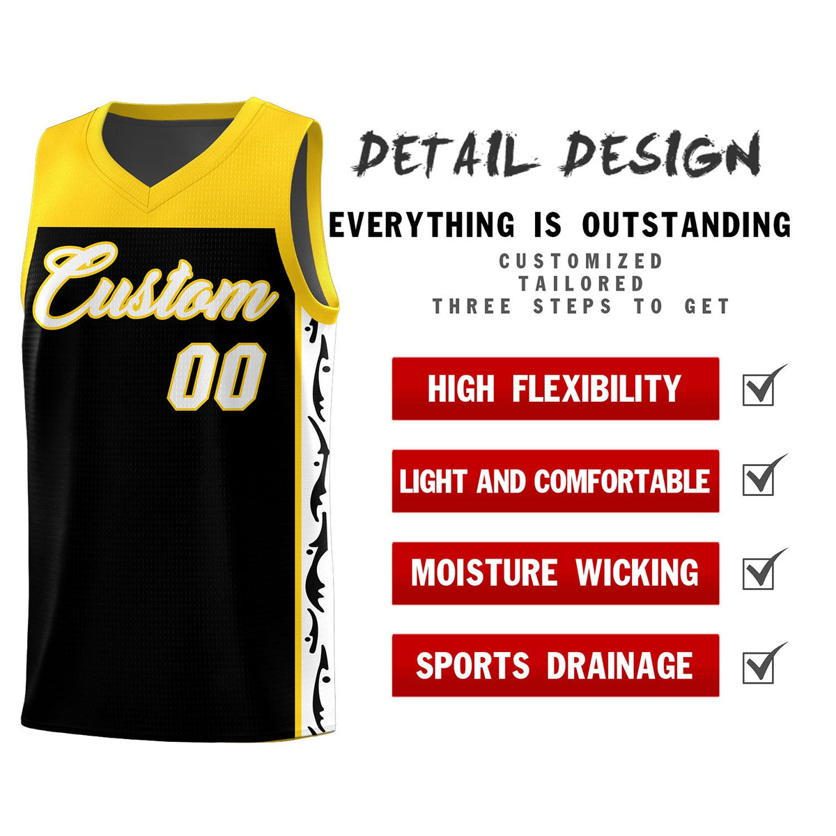Custom Black Side Pattern Sports Uniform Basketball Jersey