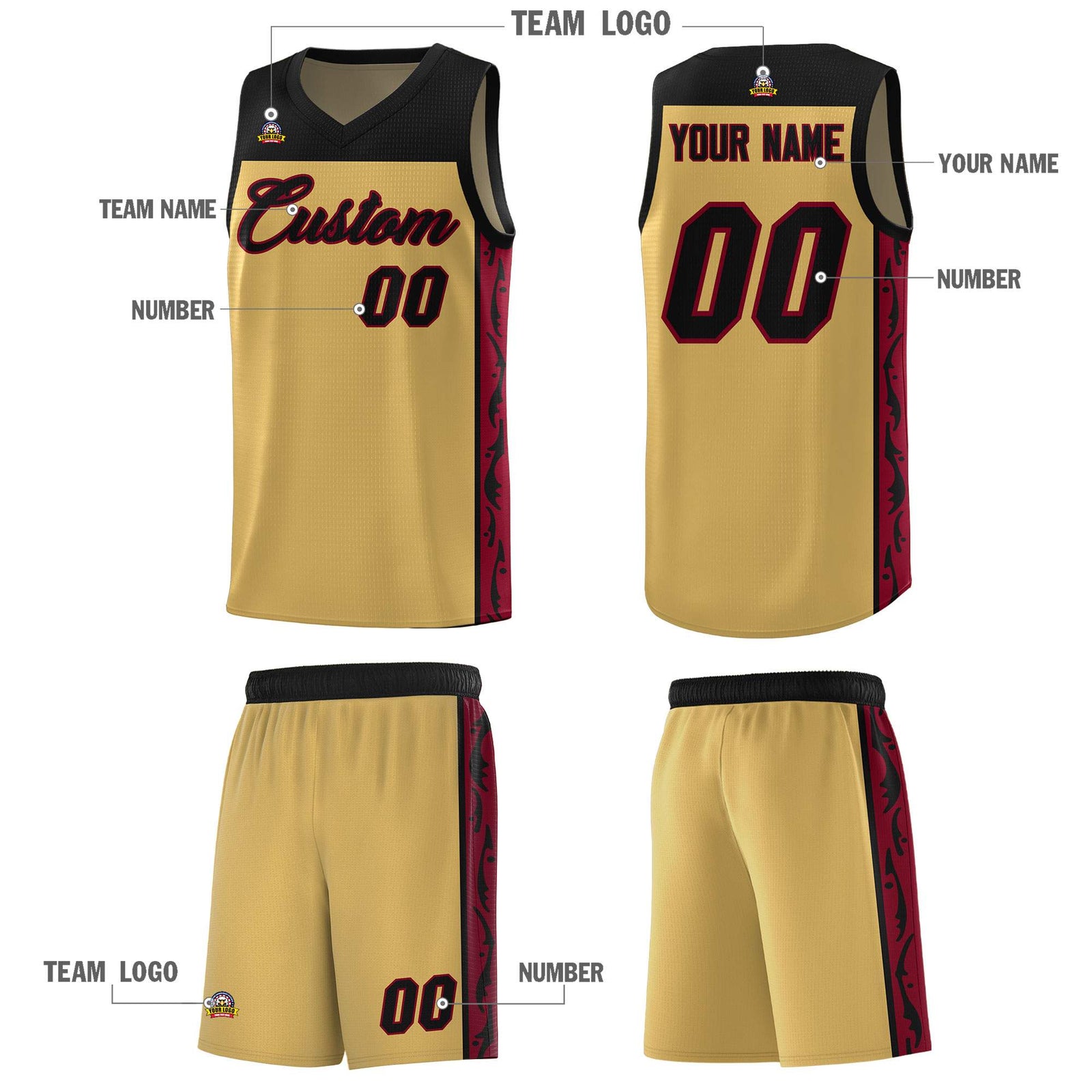 Custom Old Gold Side Pattern Sports Uniform Basketball Jersey