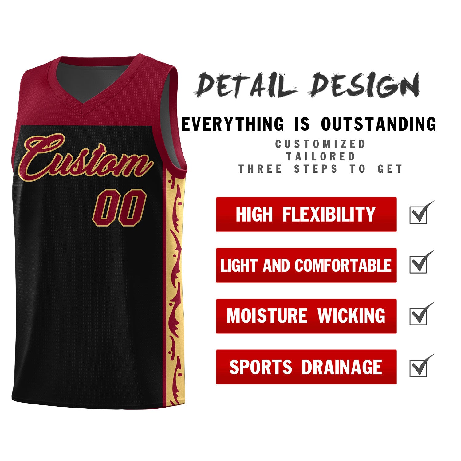 Custom Black Side Pattern Sports Uniform Basketball Jersey
