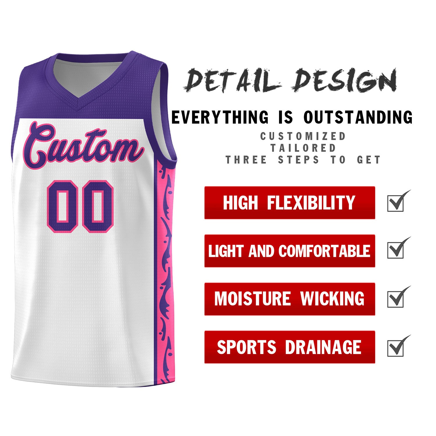 Custom White Side Pattern Sports Uniform Basketball Jersey