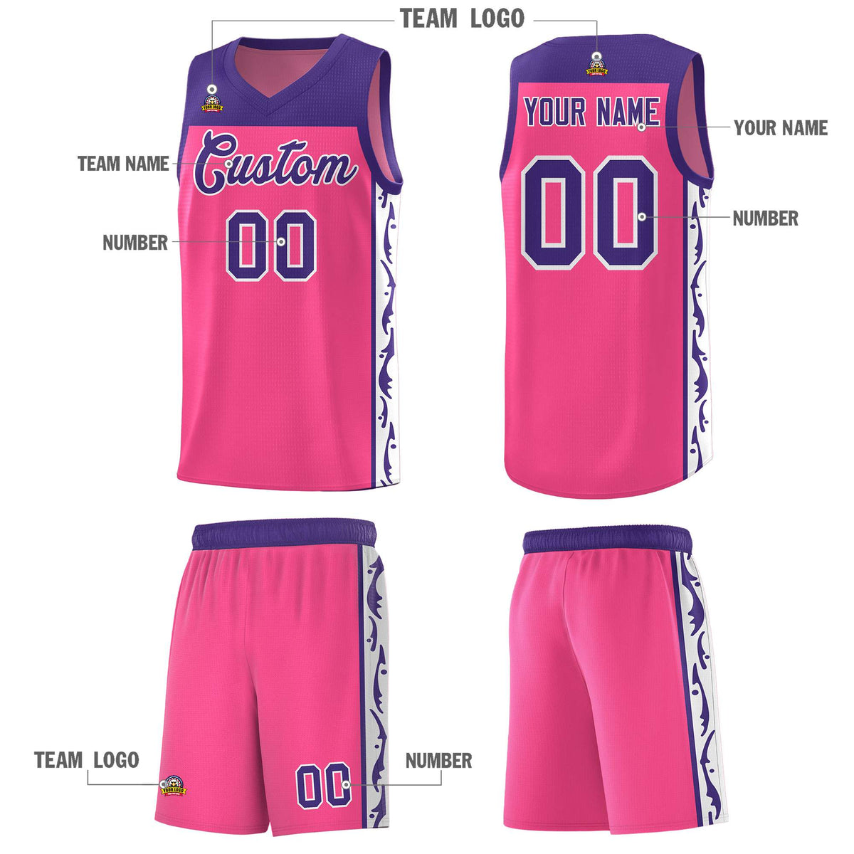 Custom Pink Side Pattern Sports Uniform Basketball Jersey