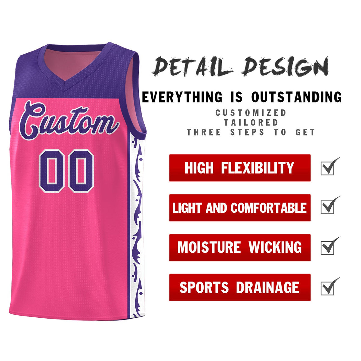 Custom Pink Side Pattern Sports Uniform Basketball Jersey