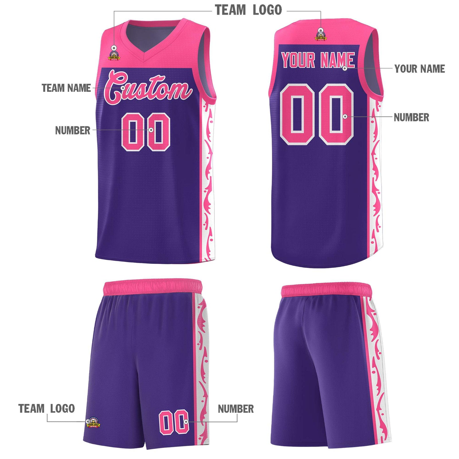 Custom Purple Side Pattern Sports Uniform Basketball Jersey