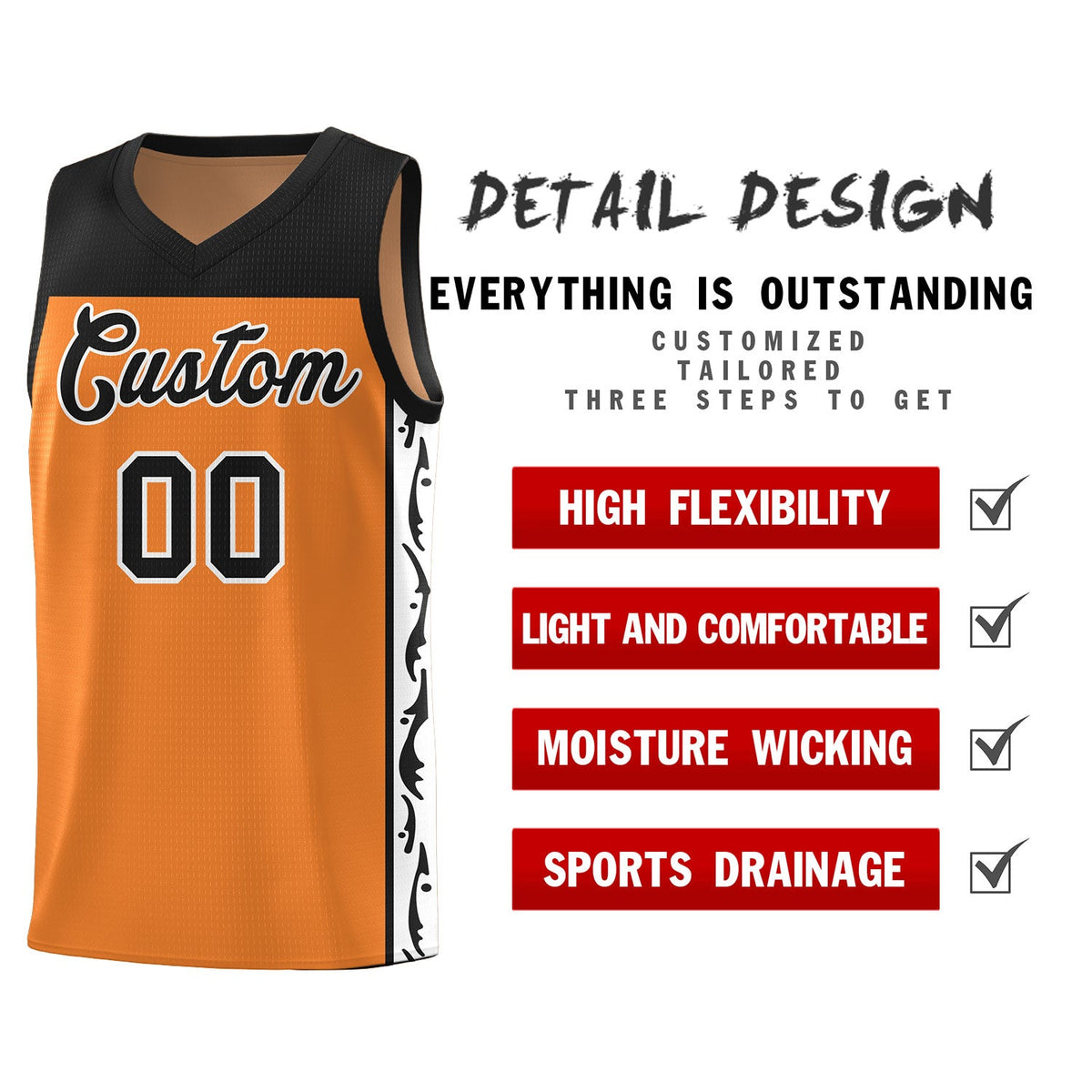 Custom Gold Orange Side Pattern Sports Uniform Basketball Jersey