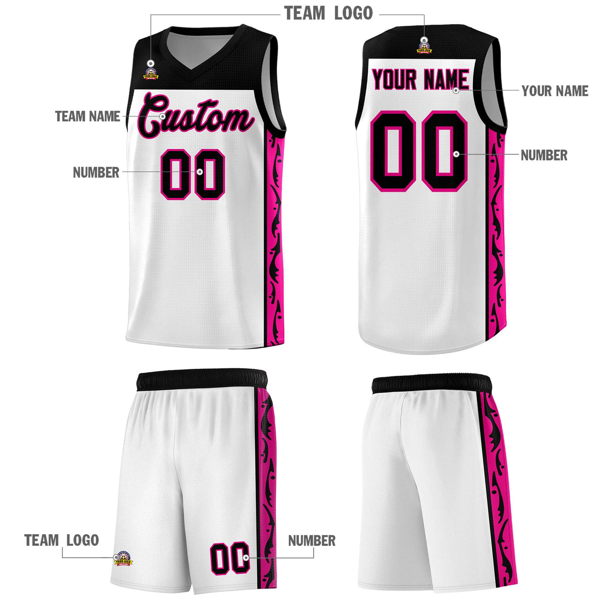Custom White Side Pattern Sports Uniform Basketball Jersey