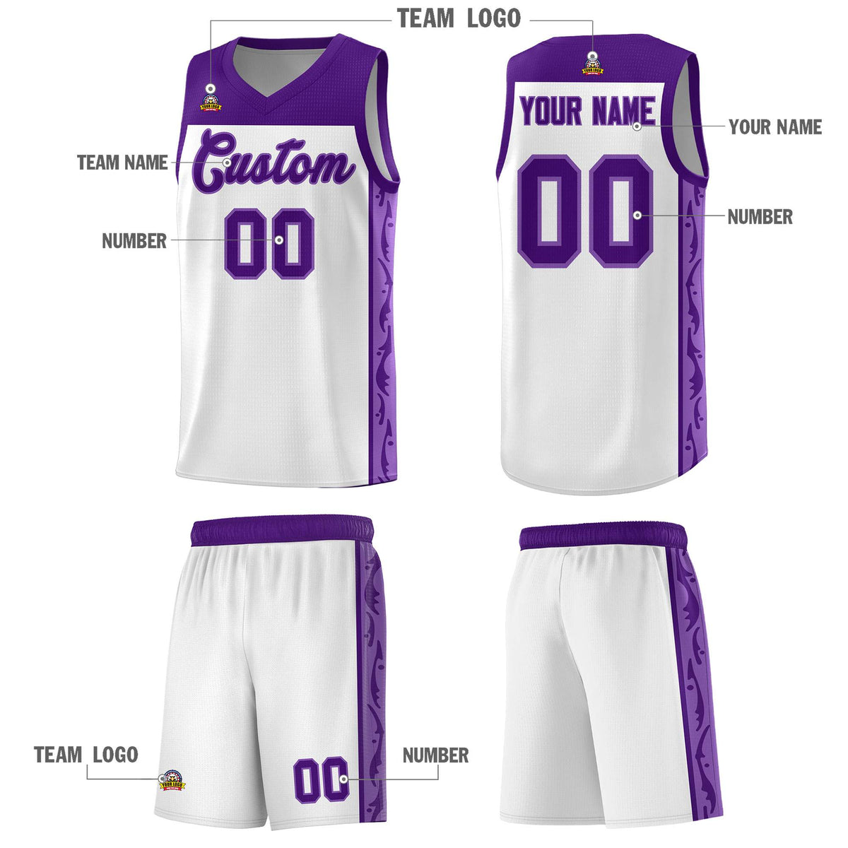 Custom White Side Pattern Sports Uniform Basketball Jersey