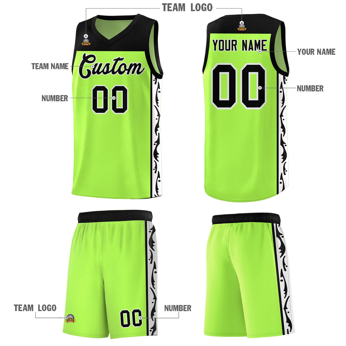 Custom Neon Green Side Pattern Sports Uniform Basketball Jersey