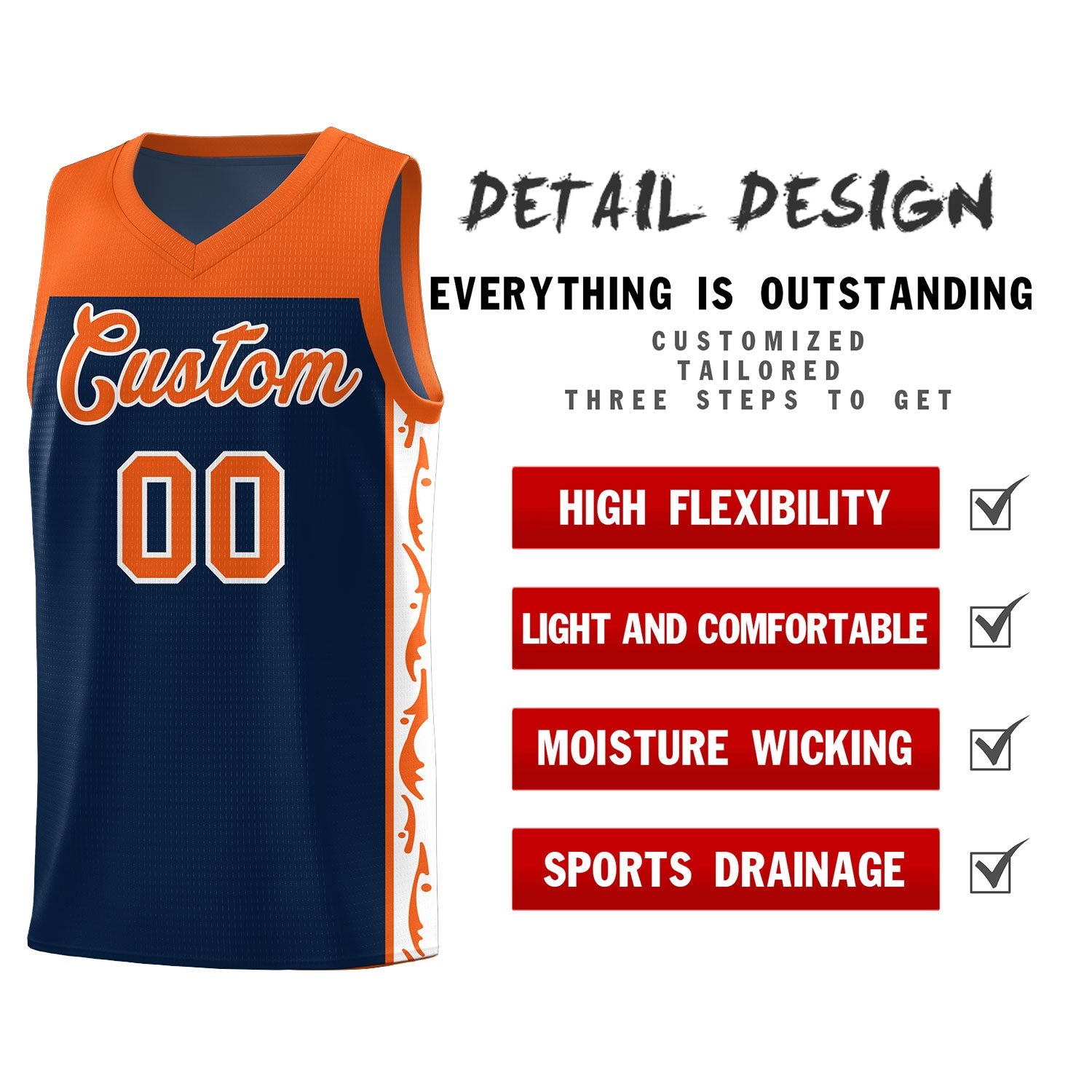 Custom Navy Side Pattern Sports Uniform Basketball Jersey