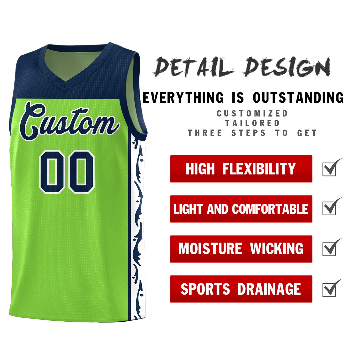 Custom Neon Green Side Pattern Sports Uniform Basketball Jersey
