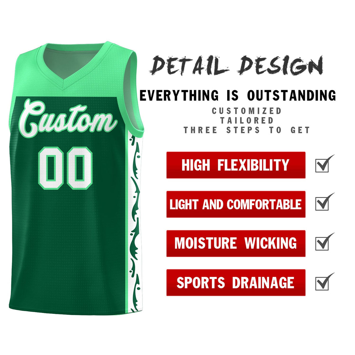 Custom Kelly Green Side Pattern Sports Uniform Basketball Jersey