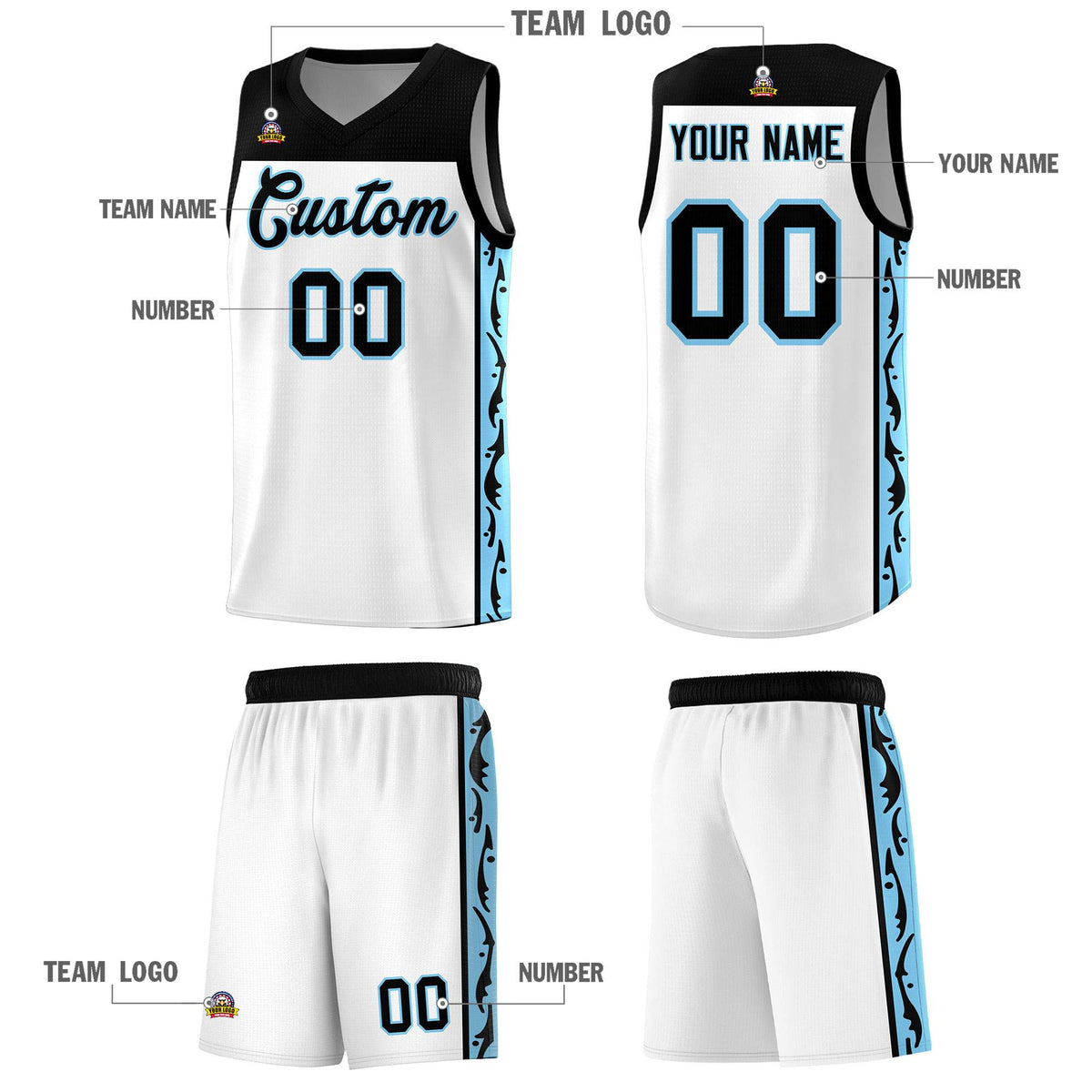 Custom White Side Pattern Sports Uniform Basketball Jersey