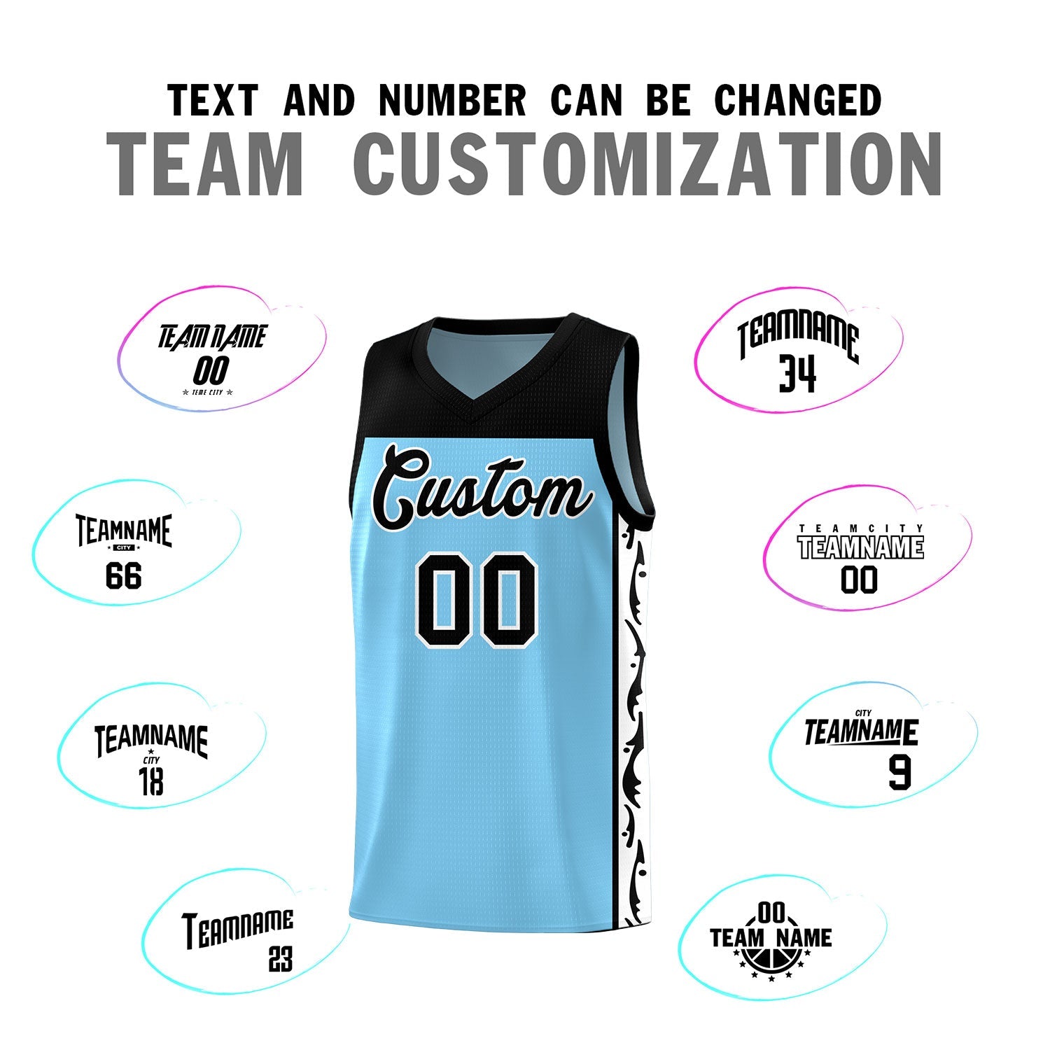 Custom Light Blue Side Pattern Sports Uniform Basketball Jersey