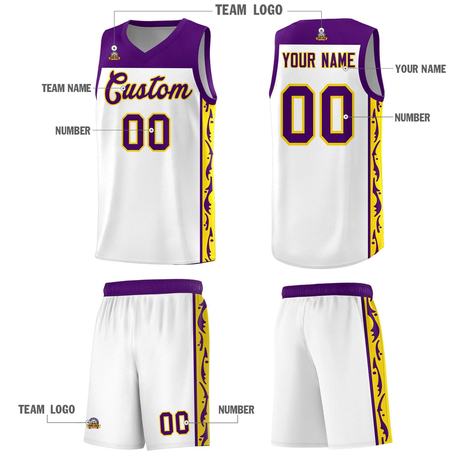 Custom White Side Pattern Sports Uniform Basketball Jersey