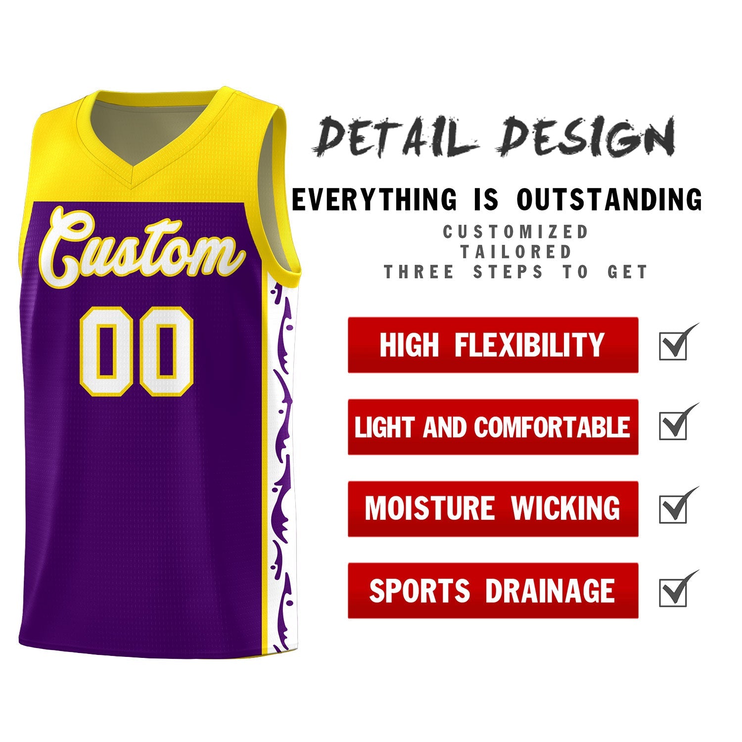 Custom Purple Side Pattern Sports Uniform Basketball Jersey