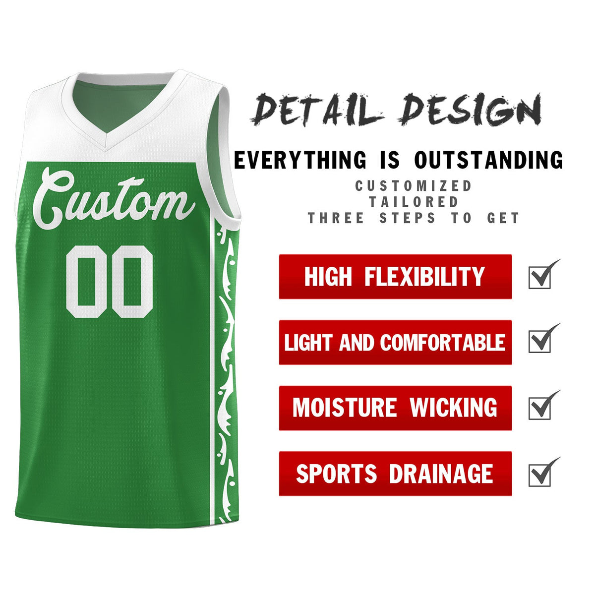 Custom Kelly Green Side Pattern Sports Uniform Basketball Jersey