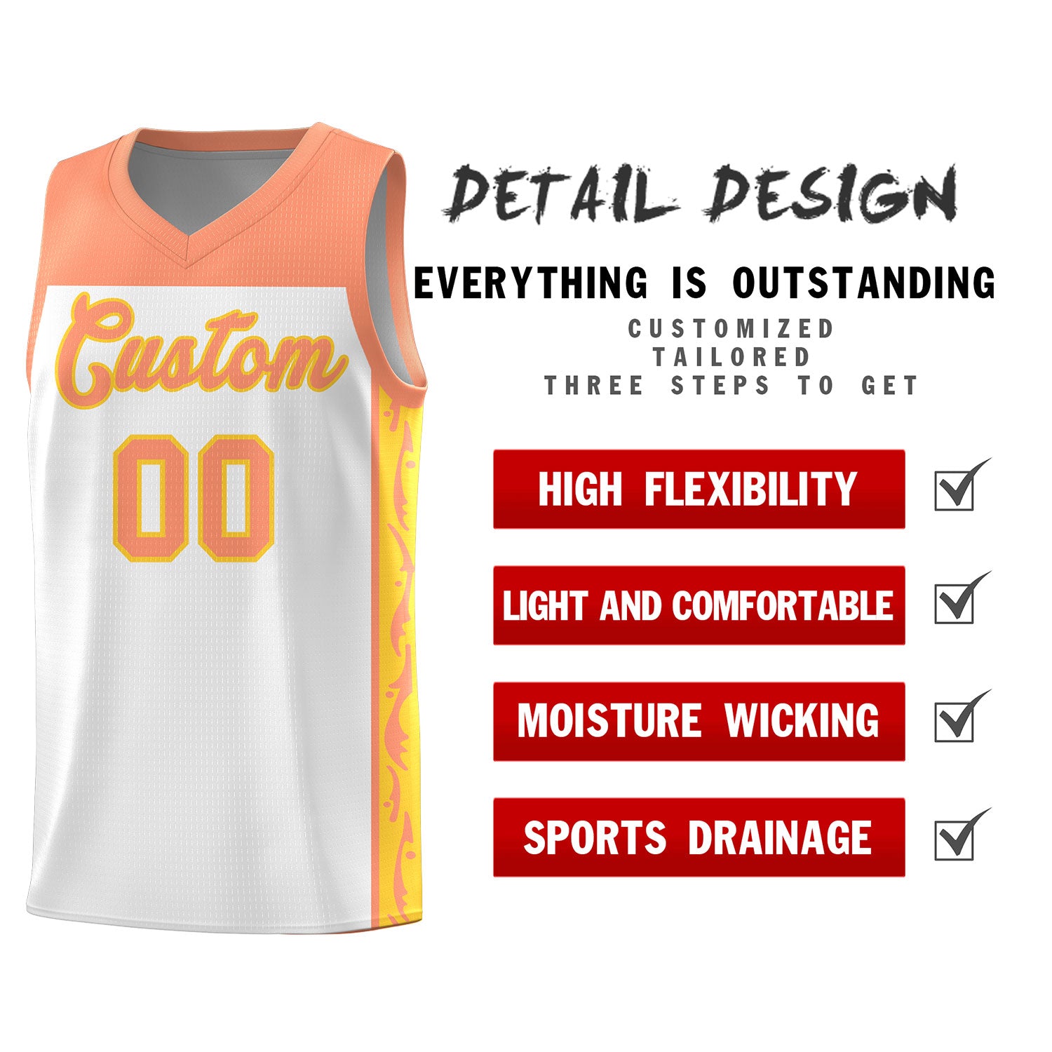 Custom White Side Pattern Sports Uniform Basketball Jersey