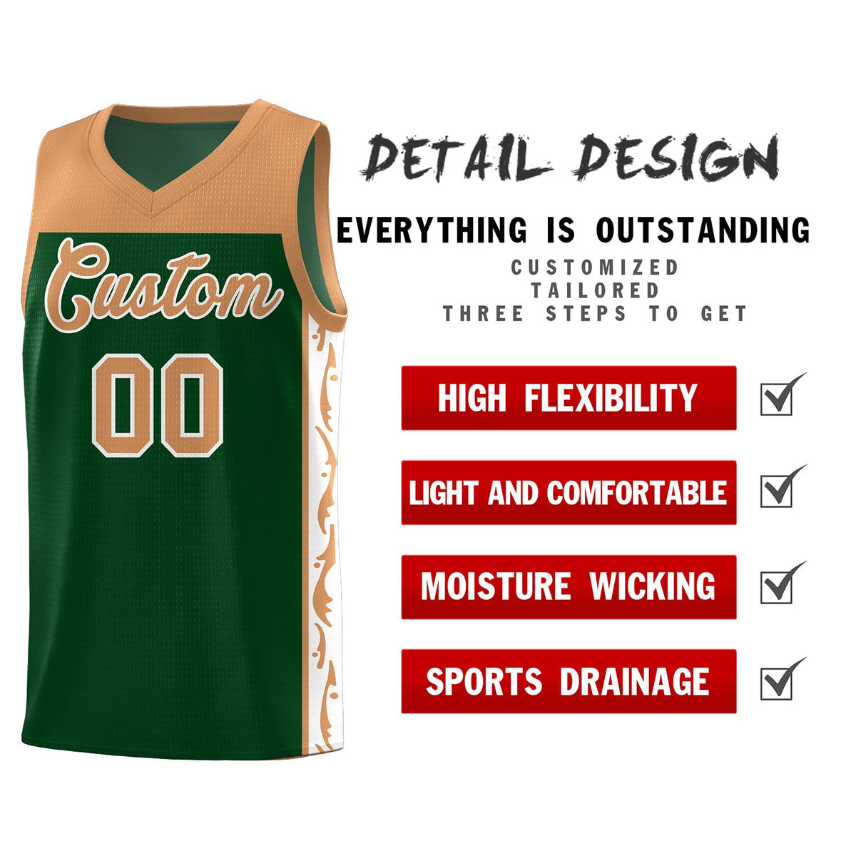 Custom Green Side Pattern Sports Uniform Basketball Jersey
