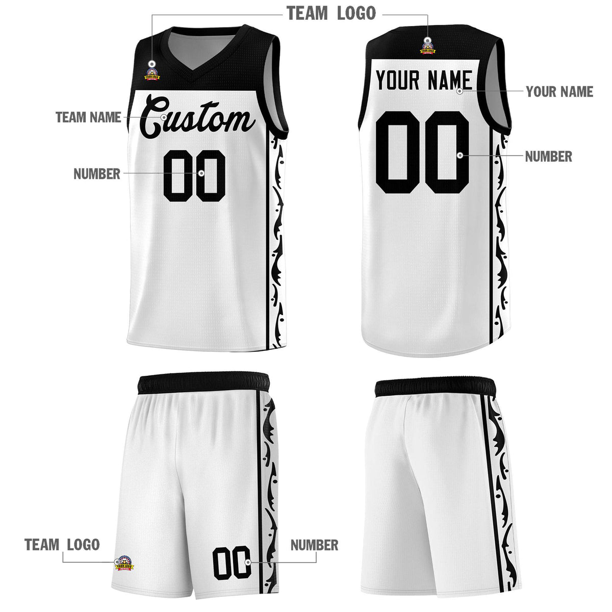 Custom White Side Pattern Sports Uniform Basketball Jersey
