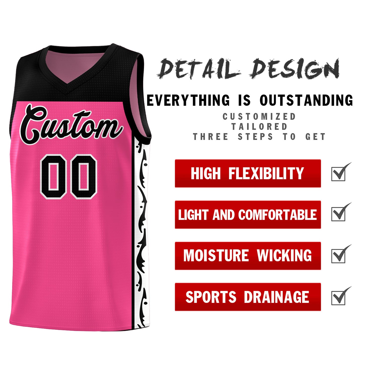 Custom Pink Side Pattern Sports Uniform Basketball Jersey