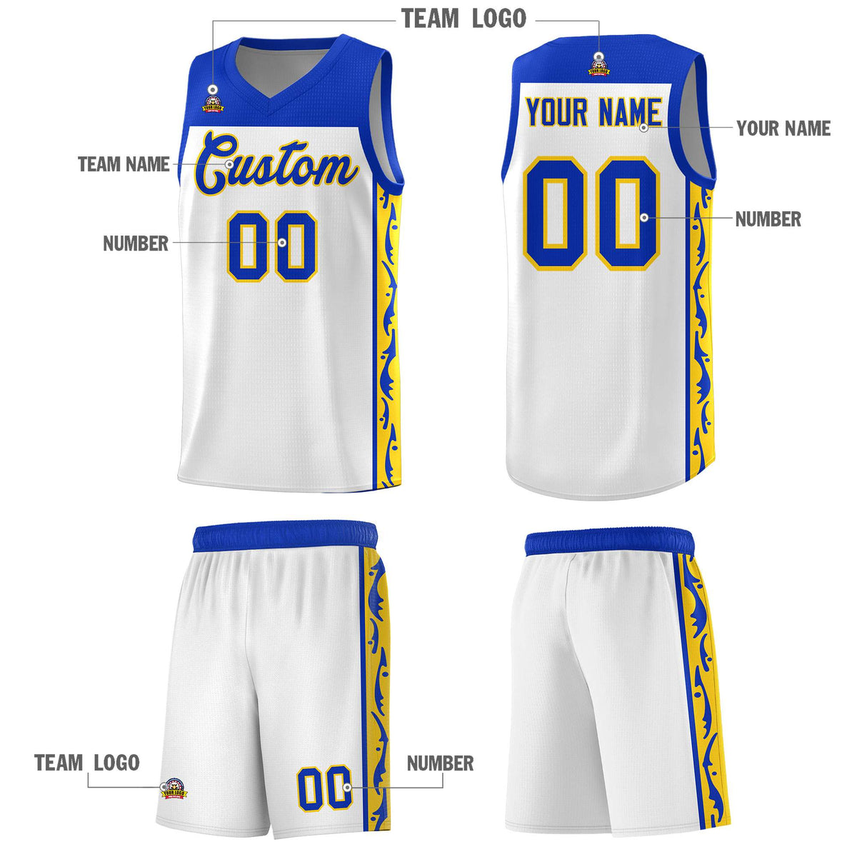 Custom White Side Pattern Sports Uniform Basketball Jersey