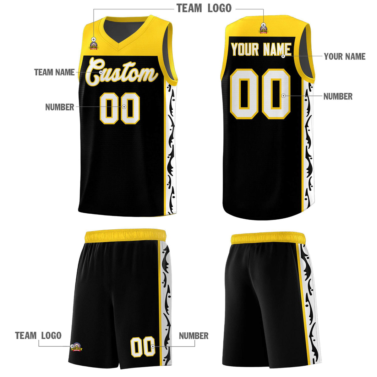 Custom Black Side Pattern Sports Uniform Basketball Jersey