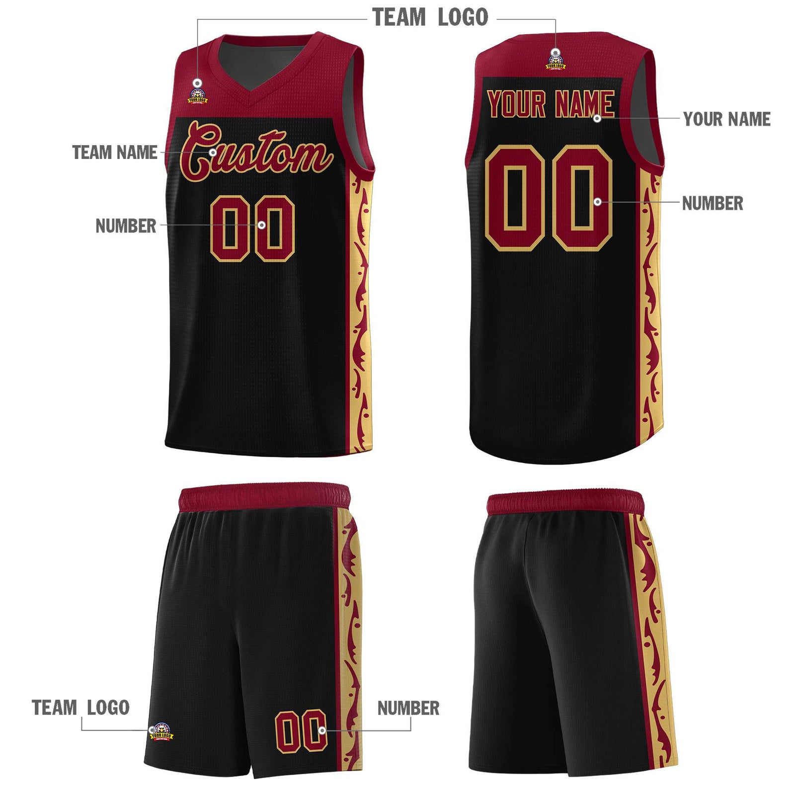 Custom Black Side Pattern Sports Uniform Basketball Jersey