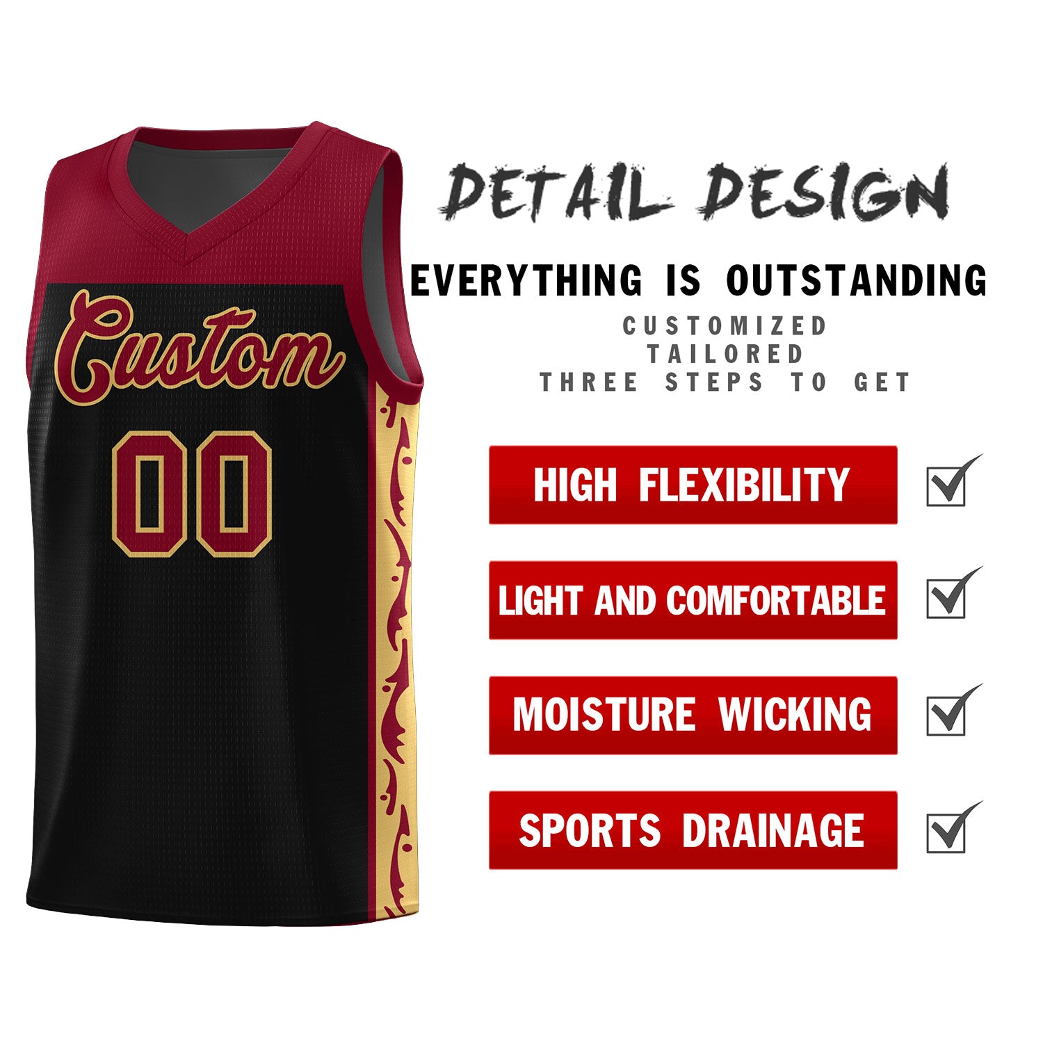 Custom Black Side Pattern Sports Uniform Basketball Jersey
