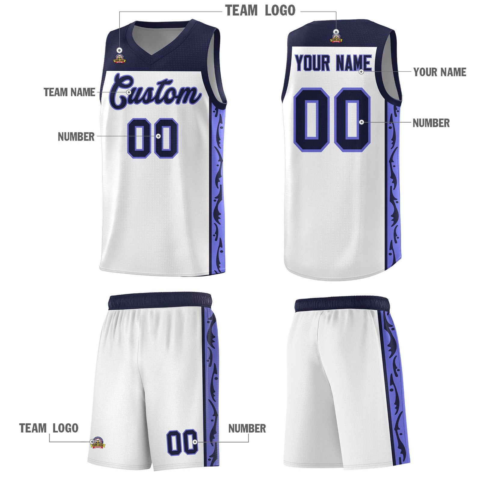 Custom White Side Pattern Sports Uniform Basketball Jersey
