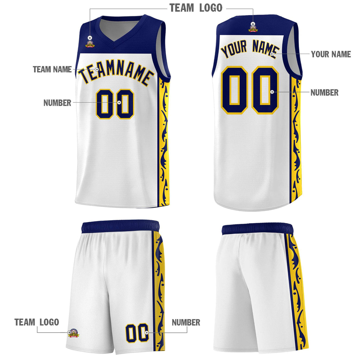 Custom White Side Pattern Sports Uniform Basketball Jersey