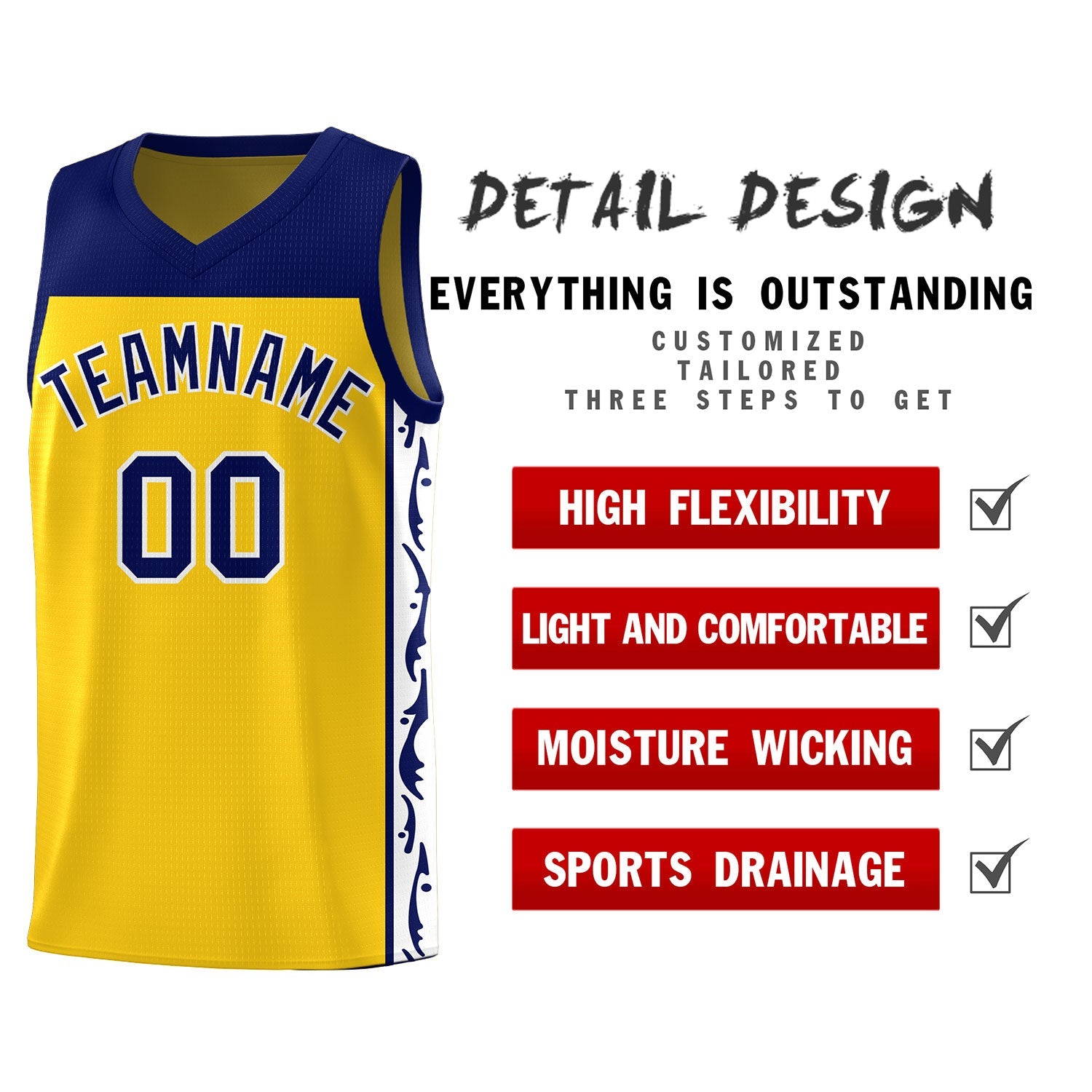 Custom Gold Side Pattern Sports Uniform Basketball Jersey