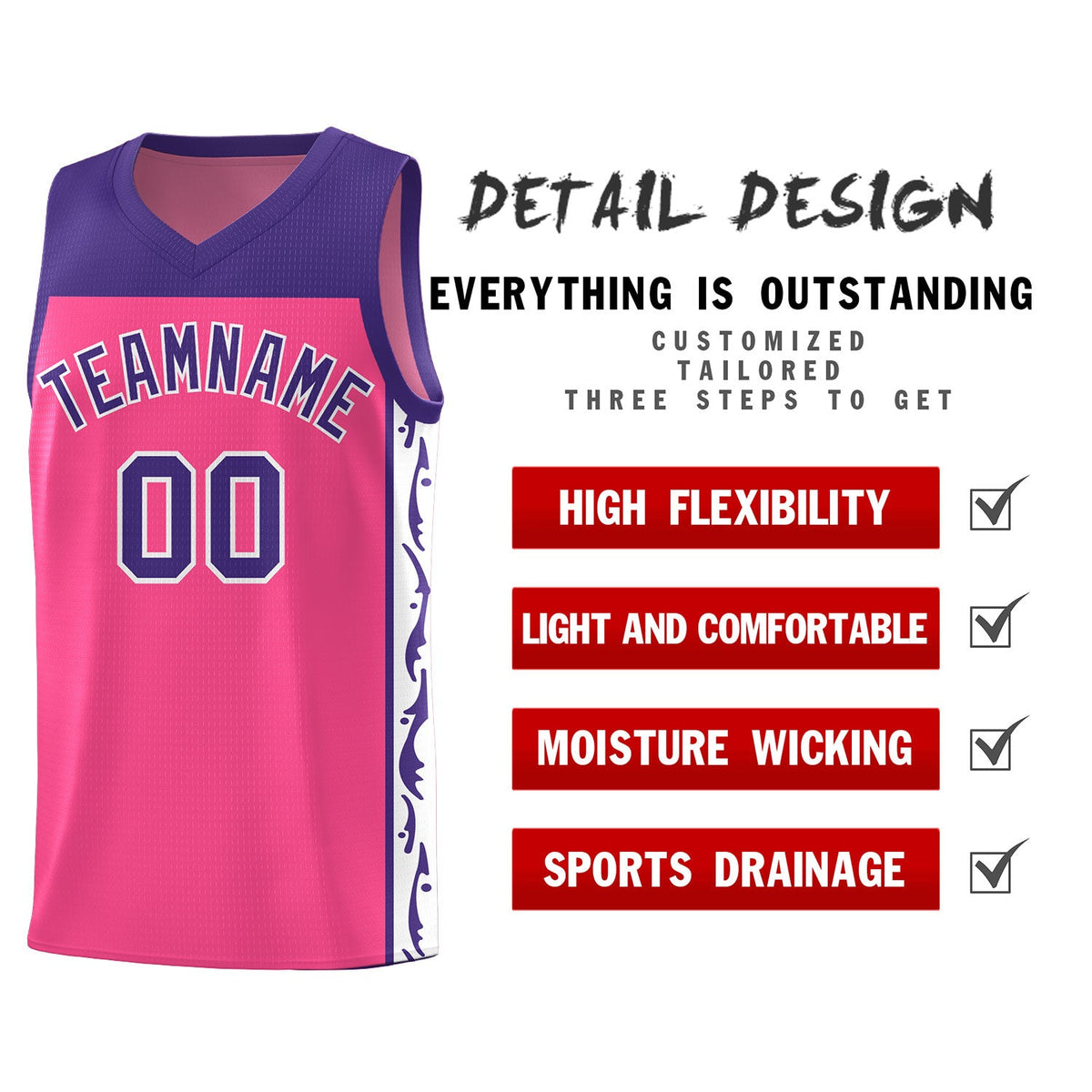 Custom Pink Side Pattern Sports Uniform Basketball Jersey