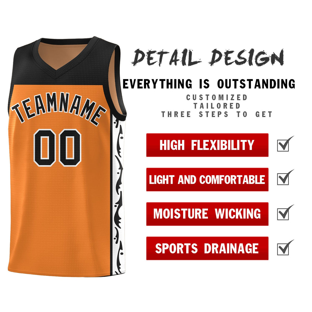 Custom Gold Orange Side Pattern Sports Uniform Basketball Jersey