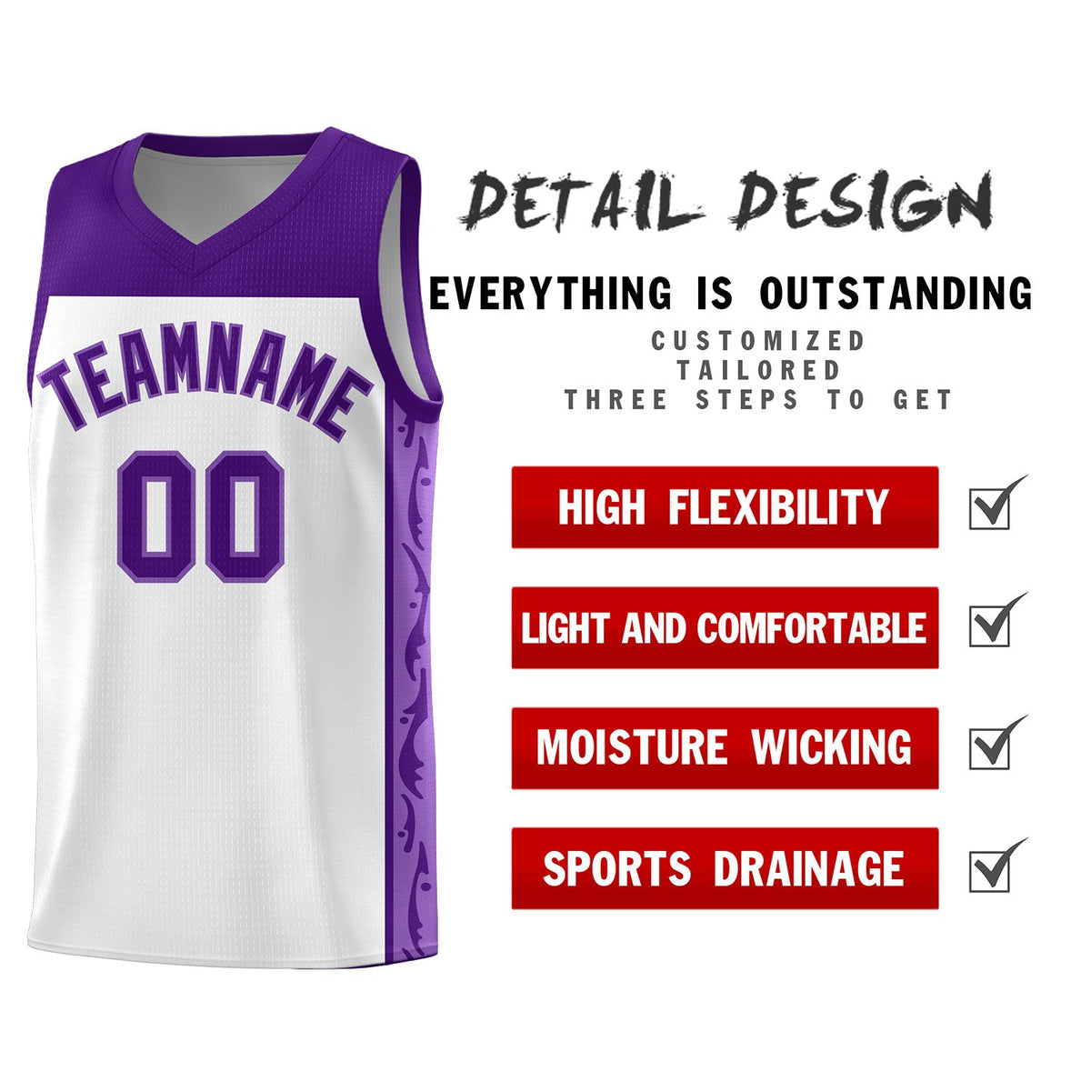 Custom White Side Pattern Sports Uniform Basketball Jersey