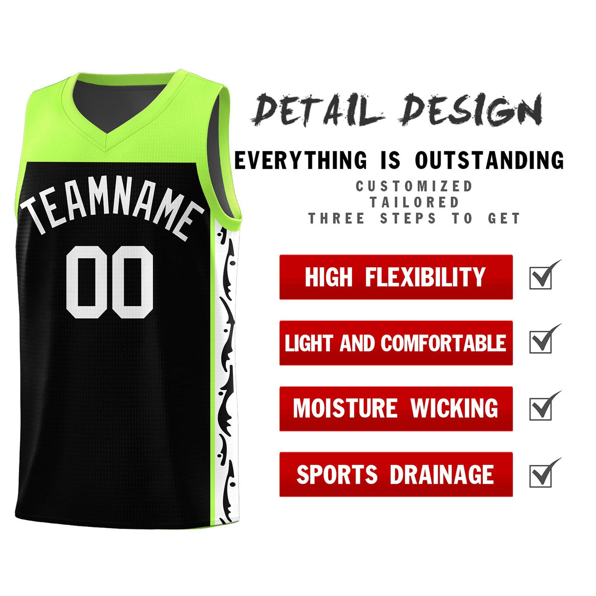 Custom Black Side Pattern Sports Uniform Basketball Jersey