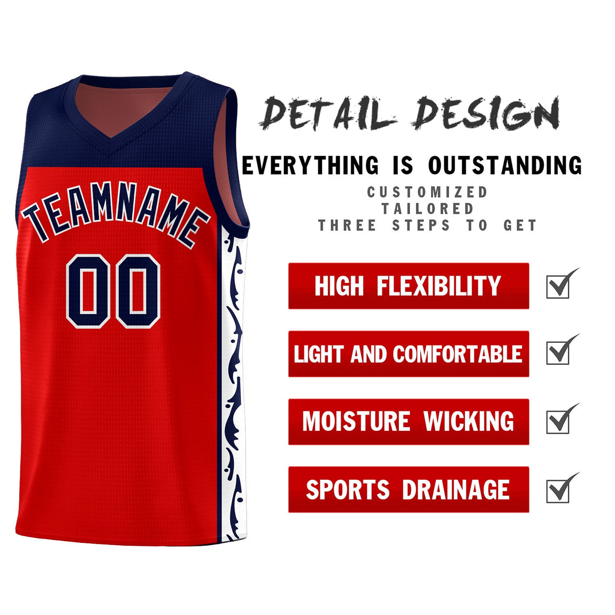 Custom Red Side Pattern Sports Uniform Basketball Jersey