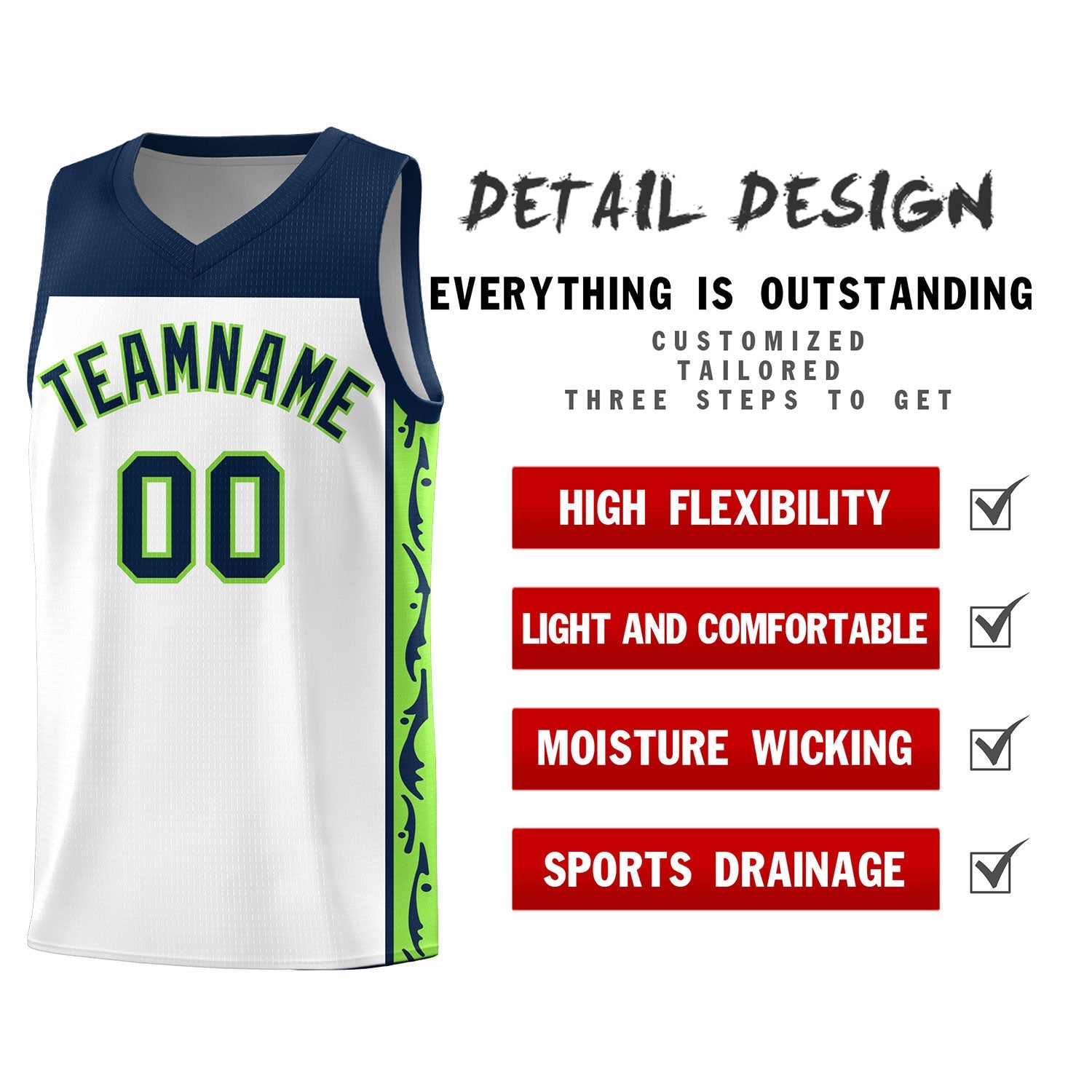 Custom White Side Pattern Sports Uniform Basketball Jersey