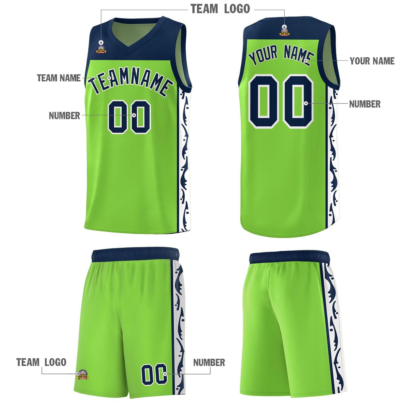 Custom Neon Green Side Pattern Sports Uniform Basketball Jersey