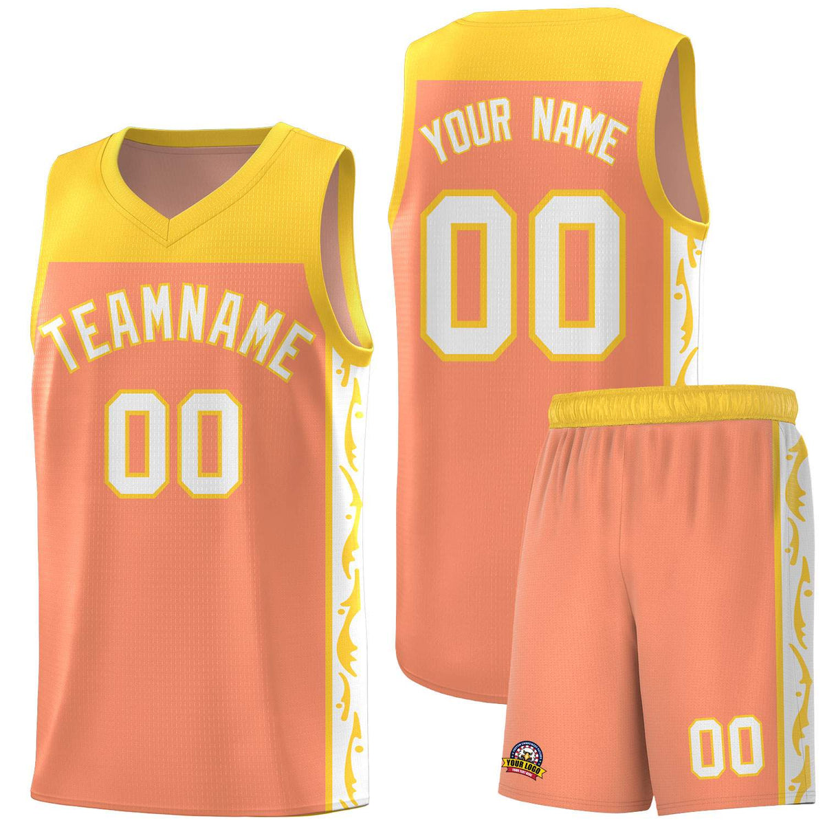 Custom Gold Orange Side Pattern Sports Uniform Basketball Jersey