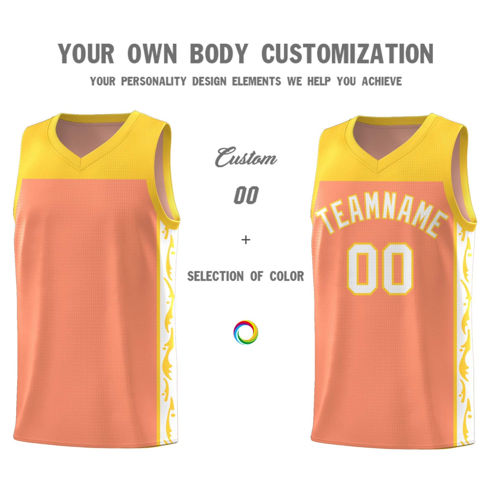 Custom Gold Orange Side Pattern Sports Uniform Basketball Jersey