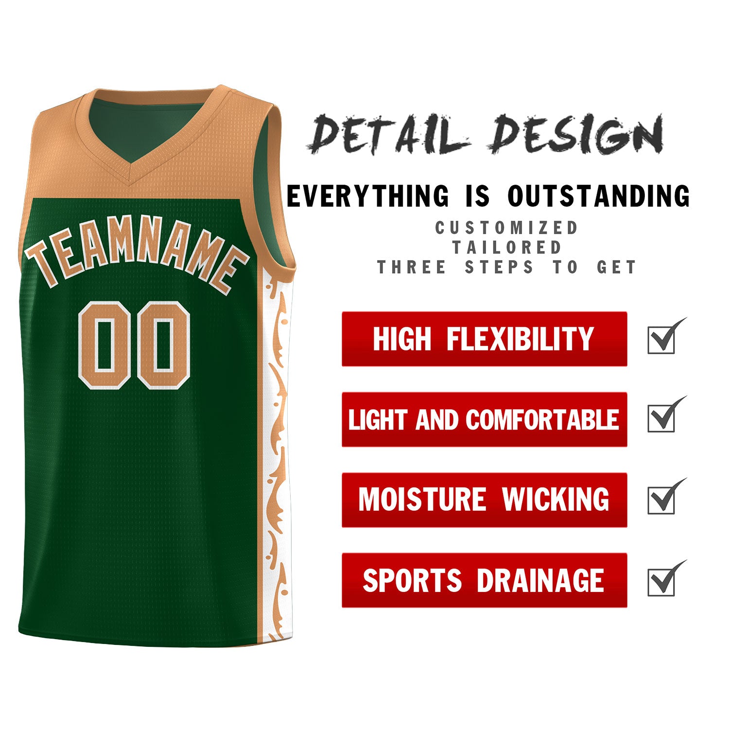 Custom Green Side Pattern Sports Uniform Basketball Jersey