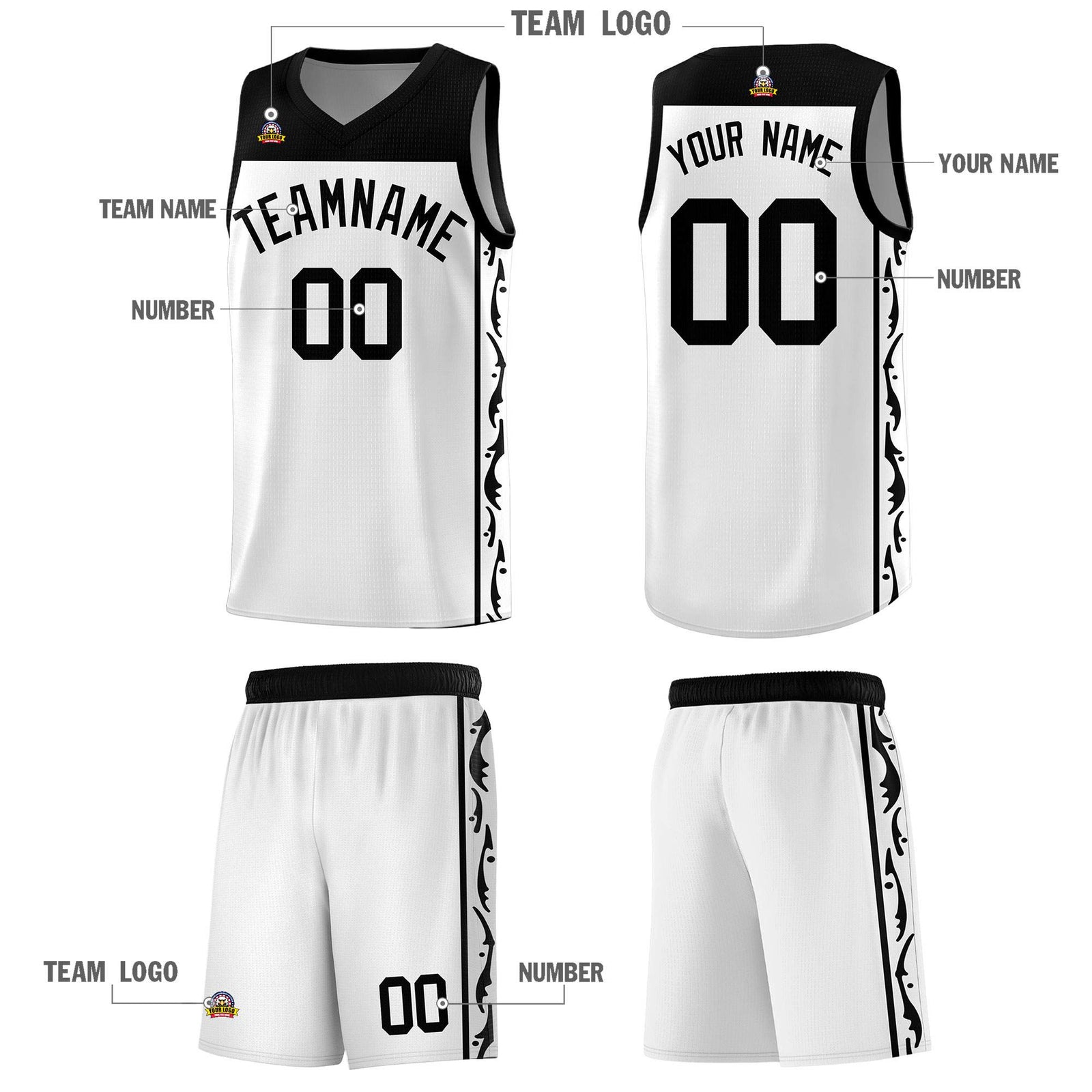 Custom White Side Pattern Sports Uniform Basketball Jersey